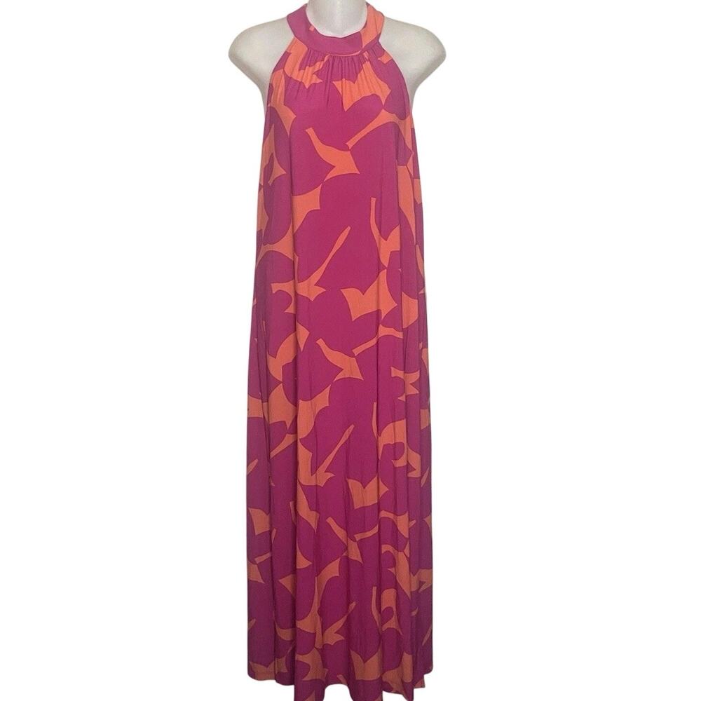 Bar III Halter Maxi Dress Women’s Sz Medium Pink Orange Stretch NWT - Picture 1 of 9